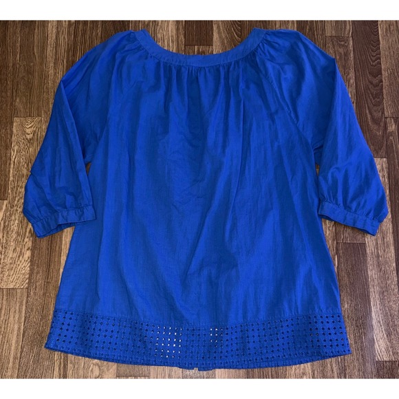 Susan Graver Style XL Blue 3/4 Sleeve Button Down Eyelet Blouse‎ - Picture 2 of 4